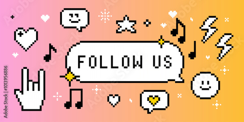 Pixel speech bubble text saying Follow us. Set of y2k pixel icons. Smile face, rock, collage sticker. 8 bit retro style vector background. Simple geometric form. 90s aesthetics. Game abstract elements