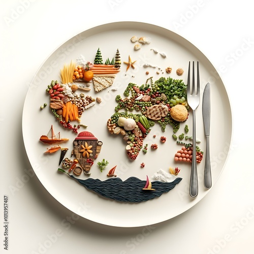 Globalized Culinary Cartography A Stylized World Map Depicted on a Plate Delineated by Various Foods and Ingredients Paired with a Gleaming Silver Fork and Knife
