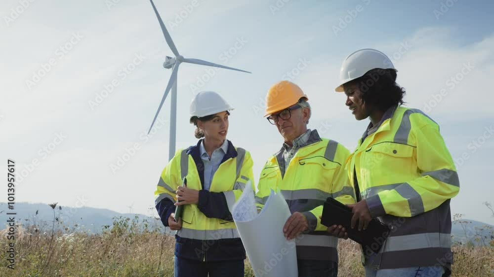 Multi-ethnic group of engineers standing together in front of large wind turbine. Wearing safety equipment. Holding large plan printed on paper. Looking to side while observing field. Blue sky. Multi-ethnic group of engineers standing together in front of large wind turbine. Wearing safety equipment. Holding large plan printed on paper. Looking to side while observing field. Blue sky.
