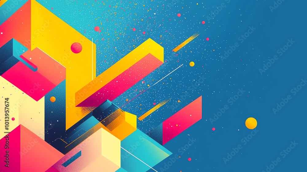 Colorful geometric shapes with a vibrant gradient, creating a dynamic and modern visual design on a blue background. Colorful geometric shapes with a vibrant gradient, creating a dynamic and modern visual design on a blue background.
