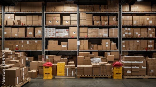 A warehouse filled with boxes stacked on shelves, organized and ready for shipment.