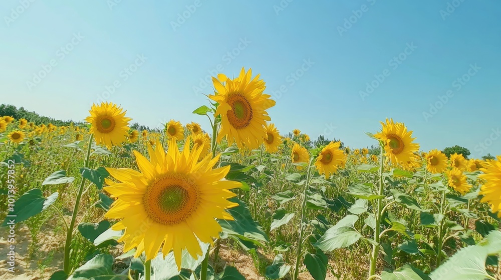 Obraz premium Bright Sunflowers Under Clear Blue Sky
