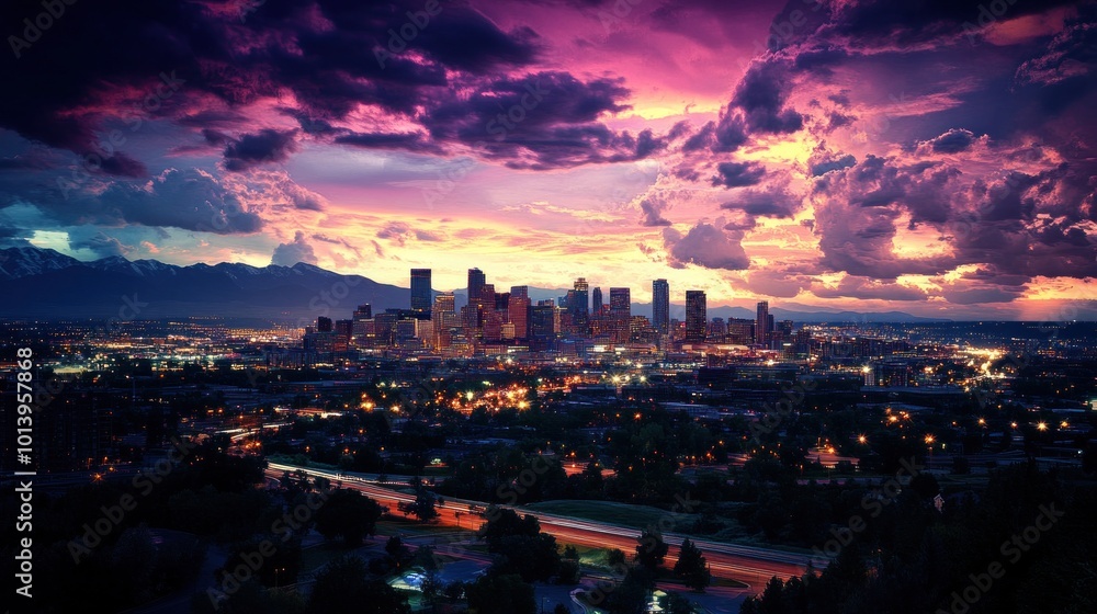 Fototapeta premium Cityscape with Dramatic Sunset