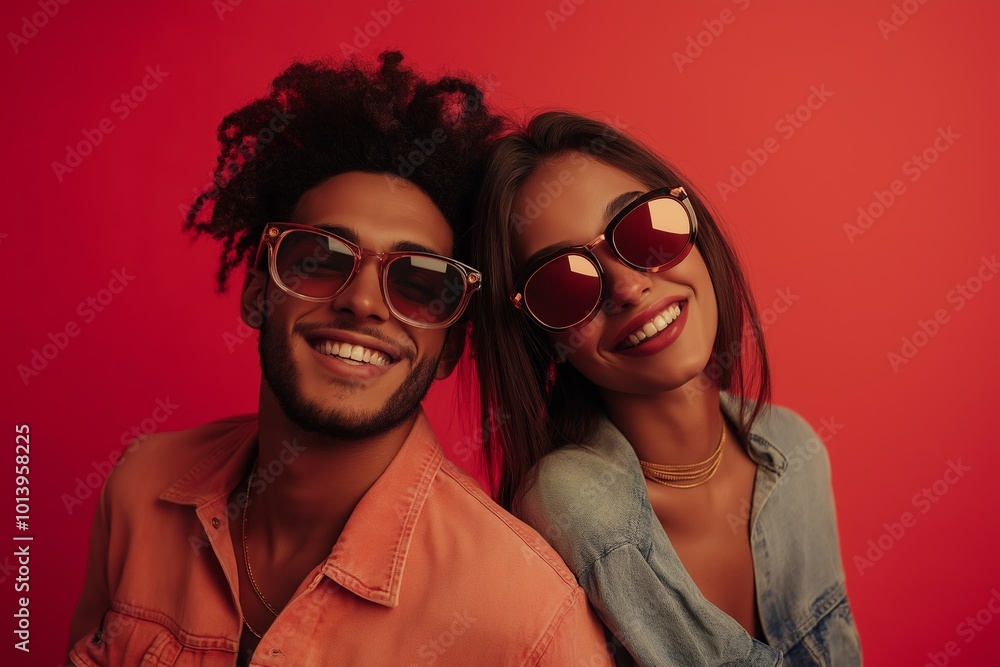 A man and a woman are smiling and wearing sunglasses. The woman is wearing a blue shirt and the man is wearing a red shirt A man and a woman are smiling and wearing sunglasses. The woman is wearing a blue shirt and the man is wearing a red shirt