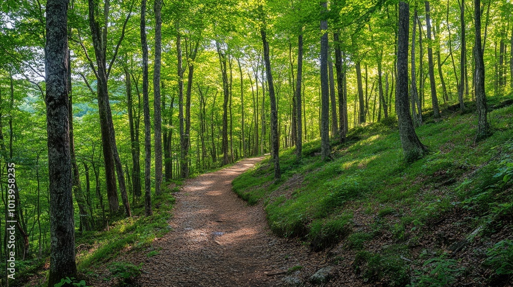 Serene Forest Pathway Through Lush Green Trees Serene Forest Pathway Through Lush Green Trees