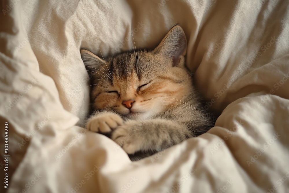 Fototapeta premium A cat is sleeping in a bed with a blanket. The cat is curled up and has its paws on its face. The bed is covered in a white blanket