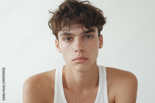 A young man with brown hair and a white tank top is looking at the camera. He has a slight stubble on his face and a beard. Concept of casualness and confidence photo