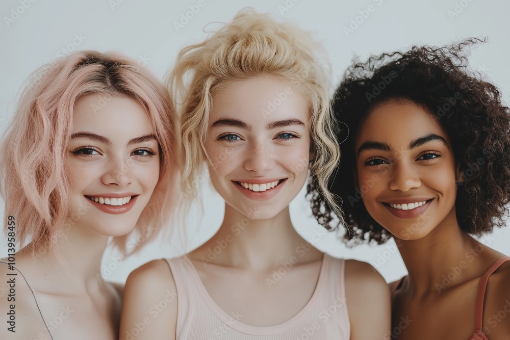 Three women with different hair colors and styles are smiling for the camera. Concept of happiness and positivity, as the women are all smiling and looking at the camera Three women with different hair colors and styles are smiling for the camera. Concept of happiness and positivity, as the women are all smiling and looking at the camera