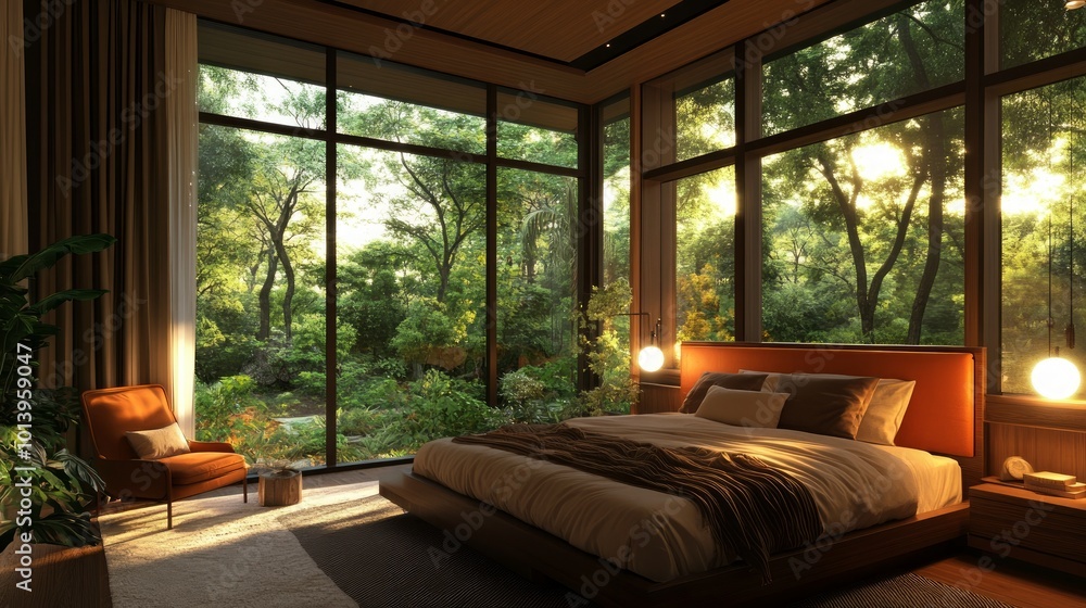 Fototapeta premium A modern bedroom with large windows overlooking a lush green forest, the room is filled with natural light.