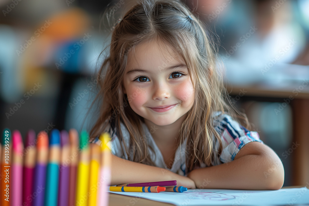 Smiling Girl Drawing with Crayons - Creative and Playful Child Portrait Smiling Girl Drawing with Crayons - Creative and Playful Child Portrait