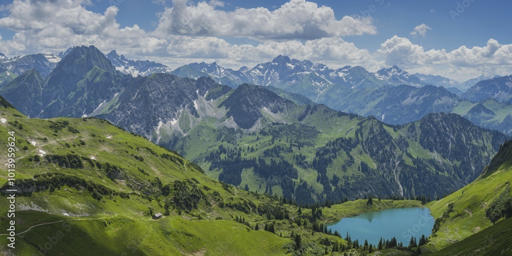 Fototapeta premium Mountain panorama with lake Seealpsee, left behind the Höfats 2259m, Allgäu Alps, Allgäu, Bavaria, Germany, Europe