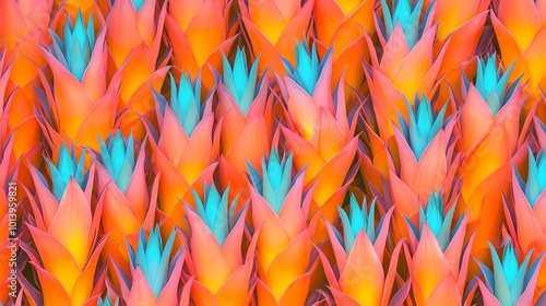 Vibrant pattern of tropical flowers showcasing bright orange and blue hues, perfect for backgrounds and decorative designs.
