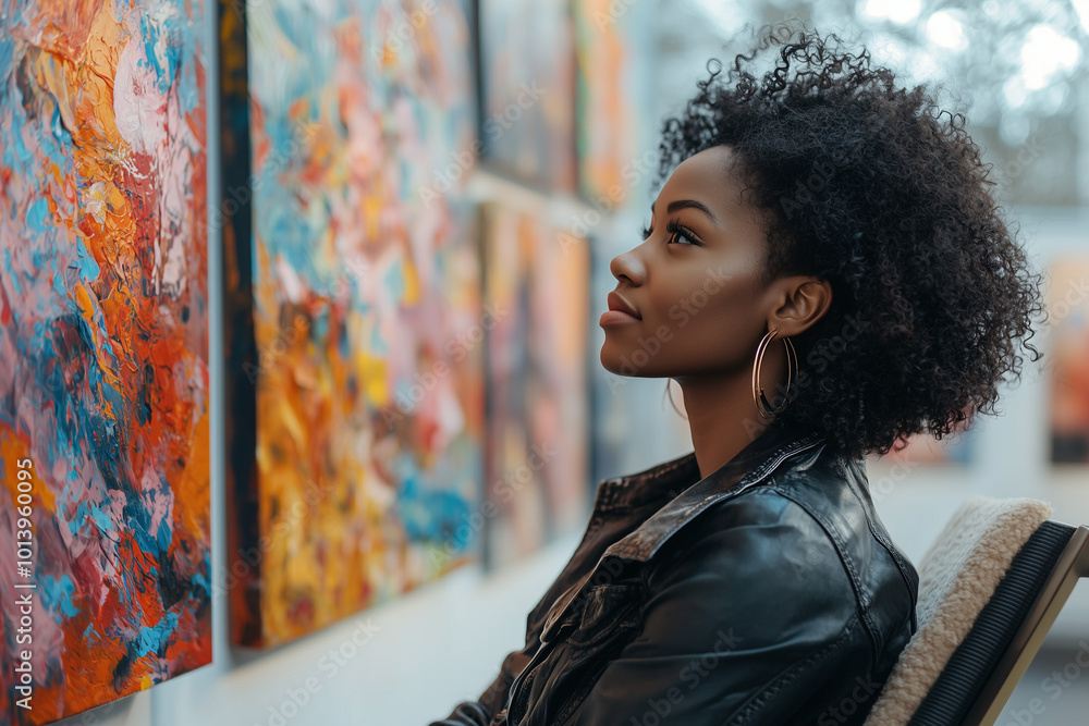 Woman Contemplating Abstract Art in Gallery Woman Contemplating Abstract Art in Gallery