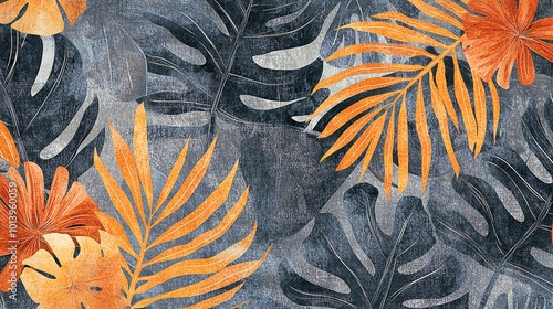 Vibrant tropical leaves in orange and green against a textured dark background, perfect for summer-themed designs.