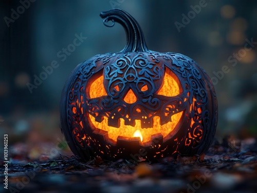 a whimsical halloween scene showcasing a carved pumpkin lantern glowing warmly against a dark eerie backdrop embodying the spirit of the festive season with intricate designs and playful shadows photo