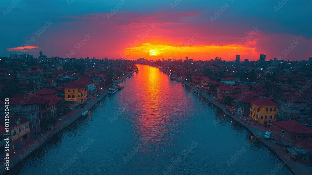 Cityscape Sunset Over Waterway Cityscape Sunset Over Waterway