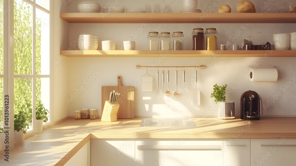 Light home kitchen interior with bar counter, sink, and kitchenware on shelves Light home kitchen interior with bar counter, sink, and kitchenware on shelves