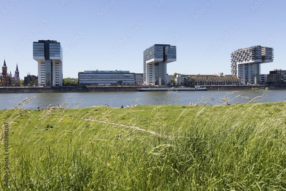 Crane houses on the Rhine, Rhine river, Cologne, North Rhine-Westphalia, Germany, Europe Crane houses on the Rhine, Rhine river, Cologne, North Rhine-Westphalia, Germany, Europe