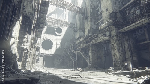 Post-Apocalyptic Dystopia: Abandoned Factory of Human vs AI Clash | Futuristic Sci-Fi Concept Art with Ray Tracing Technology photo