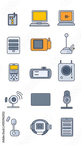 Set of 15 colorful icons depicting electronic devices.