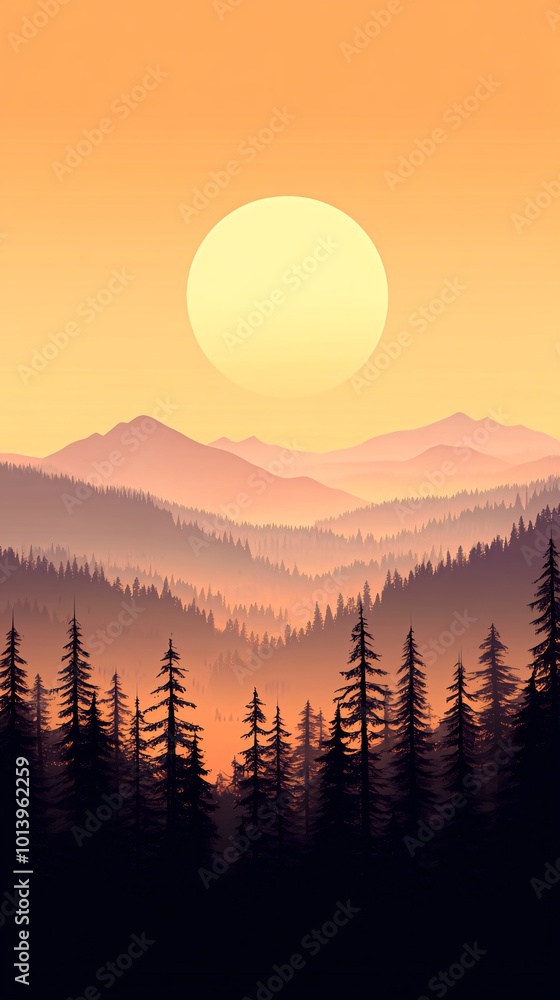 Silhouette of a pine forest against a sunset backdrop of a mountain range. Silhouette of a pine forest against a sunset backdrop of a mountain range.