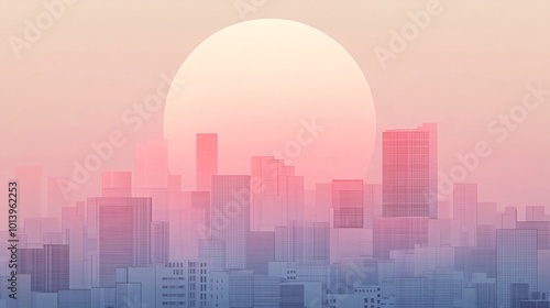 Silhouette of a city skyline at sunrise or sunset with a large, bright sun.