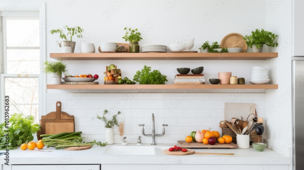An inviting kitchen with open shelves displays an assortment of fresh produce and green plants, evoking a homely charm. An inviting kitchen with open shelves displays an assortment of fresh produce and green plants, evoking a homely charm.