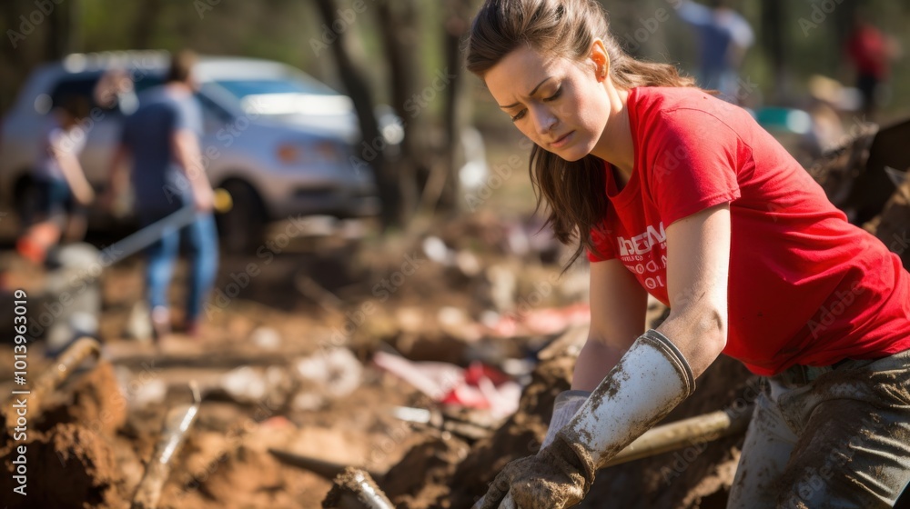 A woman in a red shirt works diligently with a shovel amidst a debris-filled landscape, showcasing resilience and determination. A woman in a red shirt works diligently with a shovel amidst a debris-filled landscape, showcasing resilience and determination.