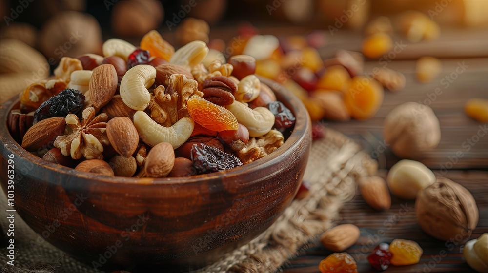 A nourishing mix of dried fruits and nuts is displayed in a rustic wooden bowl, offering a delicious and nutritious energy boost. Generative AI A nourishing mix of dried fruits and nuts is displayed in a rustic wooden bowl, offering a delicious and nutritious energy boost. Generative AI