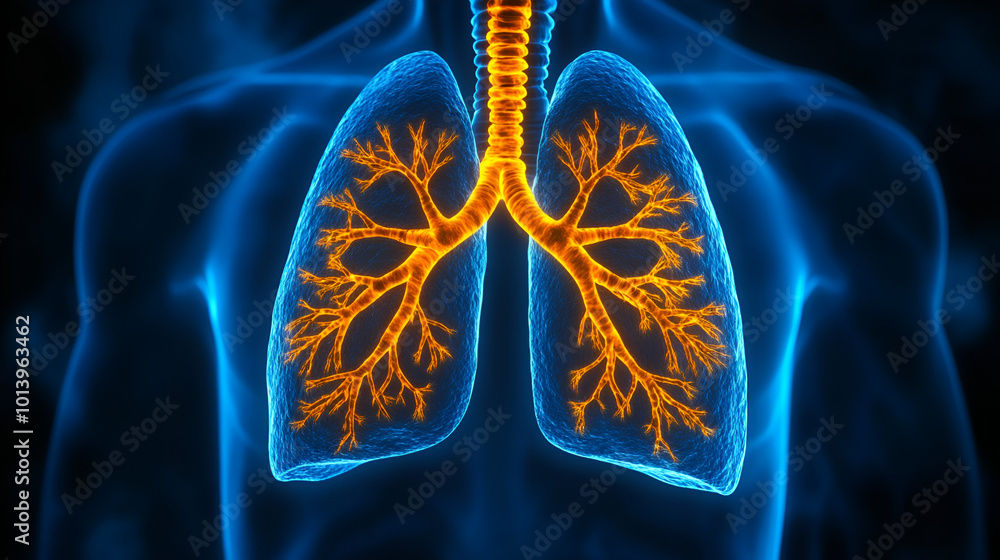 Anatomical illustration of human lungs with detailed bronchial structure illuminated against a dark background Anatomical illustration of human lungs with detailed bronchial structure illuminated against a dark background