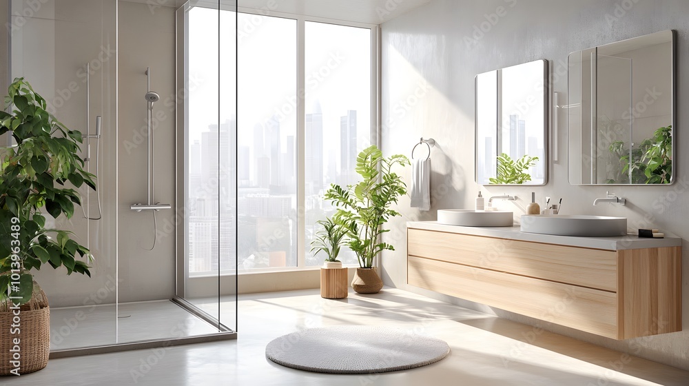 Fototapeta premium Luxurious beige hotel bathroom interior with a double sink, spacious shower, and panoramic window, combining elegance and comfort with modern design elements