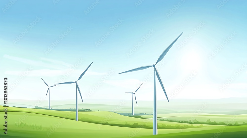 Wind turbines in a field with a blue sky. Wind turbines in a field with a blue sky.