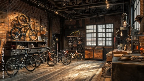 A high-end custom bike shop with an industrial chic design, custom-made bicycles on display, and a repair workshop photo