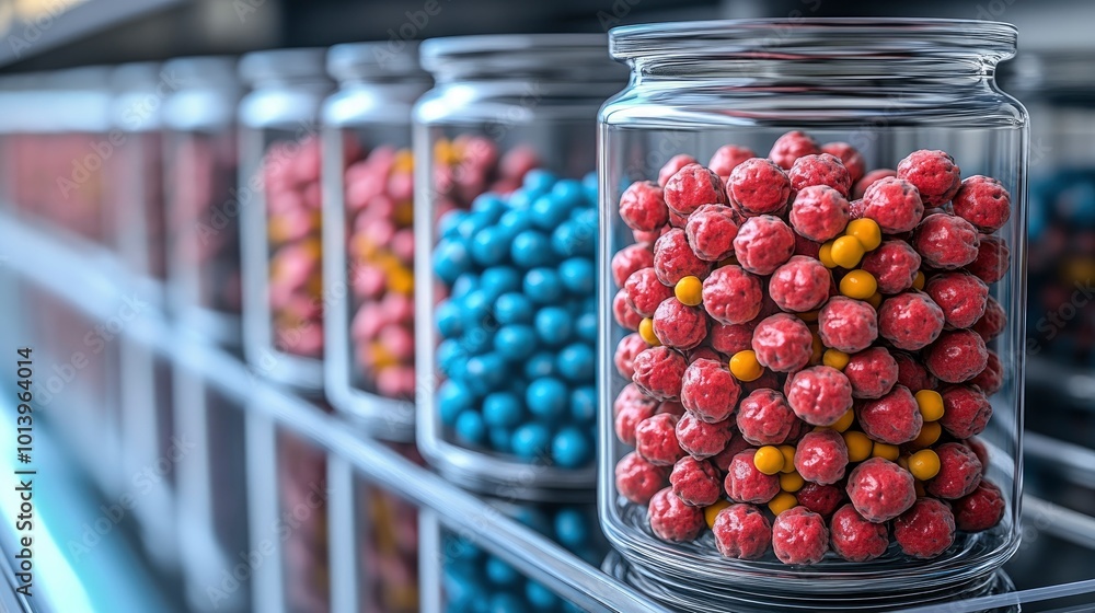Colorful Spheres in Glass Jars - Scientific Experiment Concept Colorful Spheres in Glass Jars - Scientific Experiment Concept