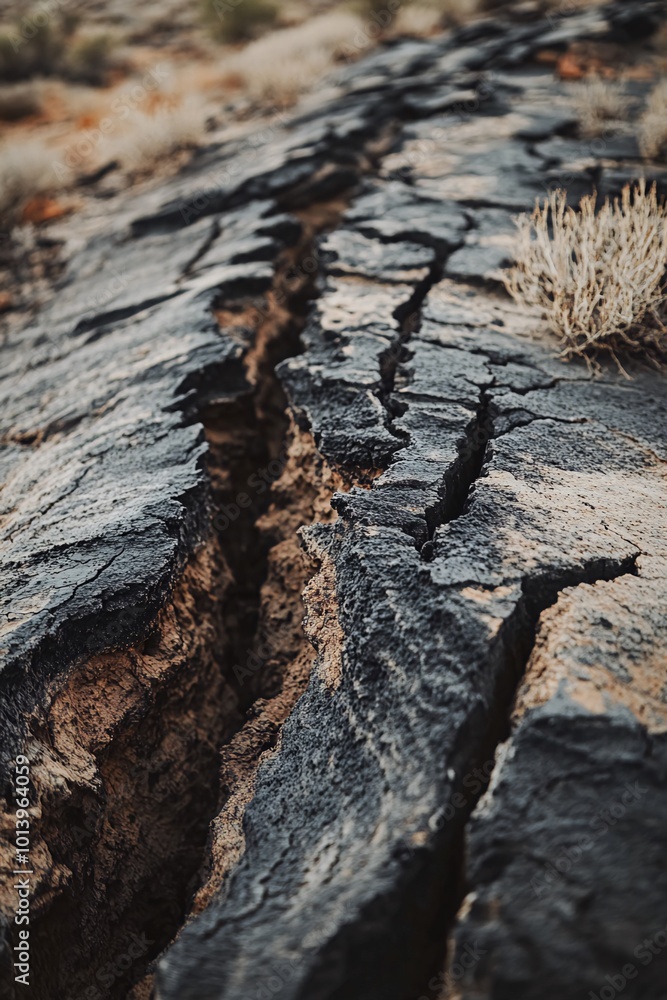A deep crack in the earth's surface, revealing the dark, rough texture of the soil. A deep crack in the earth's surface, revealing the dark, rough texture of the soil.