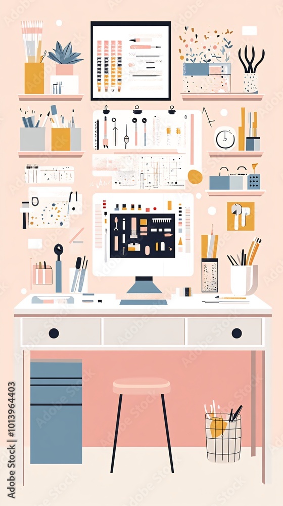 A minimalist home office desk with a computer, a stool, and various office supplies. A minimalist home office desk with a computer, a stool, and various office supplies.