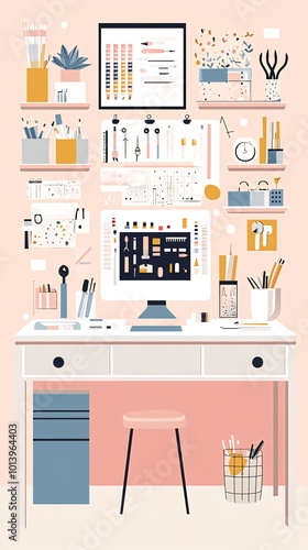 A minimalist home office desk with a computer, a stool, and various office supplies.