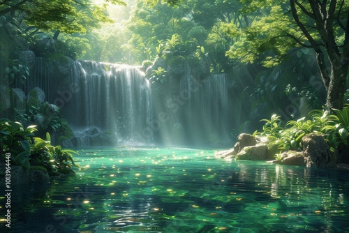 Sunlit tropical waterfall cascading into crystal-clear pool 