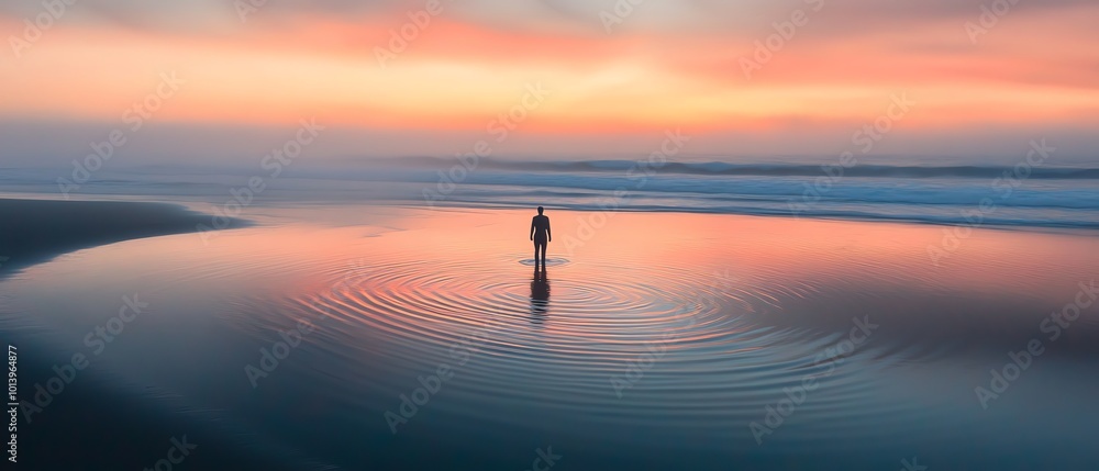 A serene sunset at the beach with a person standing in calm water, creating ripples, and reflecting vibrant colors. A serene sunset at the beach with a person standing in calm water, creating ripples, and reflecting vibrant colors.