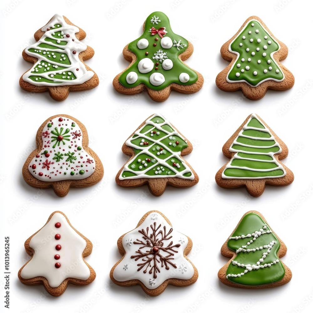 Decorative Christmas tree cookies with green icing and festive designs on a white background. Decorative Christmas tree cookies with green icing and festive designs on a white background.