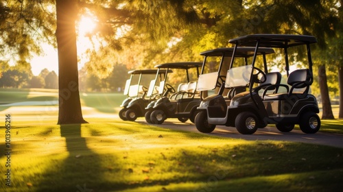 Sun-dappled golf carts rest under towering trees on a serene, verdant golf course, illuminated by the golden hour's glow.