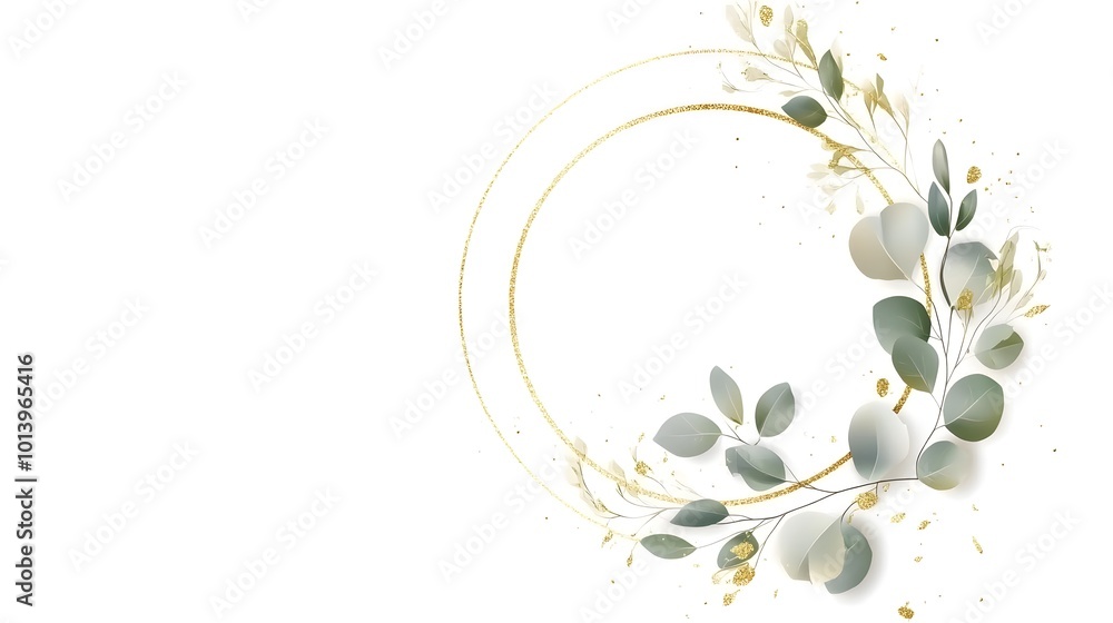 Luxurious botanical gold wedding frame elements on white background, including circle shapes, glitters, eucalyptus leaves, and leaf branches Luxurious botanical gold wedding frame elements on white background, including circle shapes, glitters, eucalyptus leaves, and leaf branches