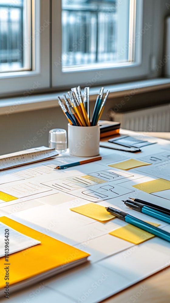 A white desk with a spread out design plan with colored pencils and pens, a ruler, and sticky notes, lit by the sunlight streaming through the window. A white desk with a spread out design plan with colored pencils and pens, a ruler, and sticky notes, lit by the sunlight streaming through the window.