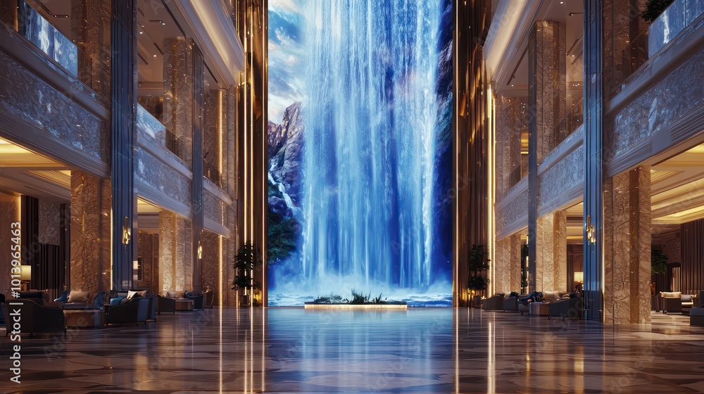Fototapeta premium A luxurious hotel lobby with a large digital waterfall display that provides a soothing backdrop and subtly changes scenes from day to night