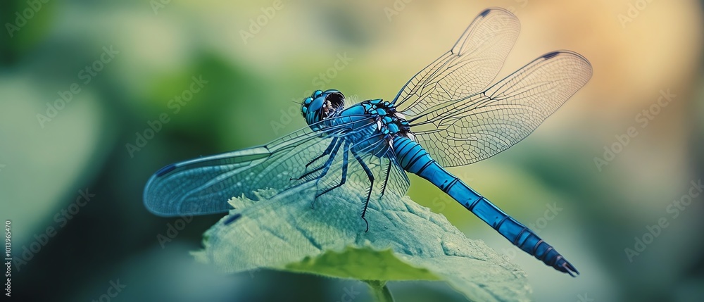 A vibrant blue dragonfly perched delicately on a green leaf, showcasing its intricate wings and natural beauty in a serene environment. A vibrant blue dragonfly perched delicately on a green leaf, showcasing its intricate wings and natural beauty in a serene environment.