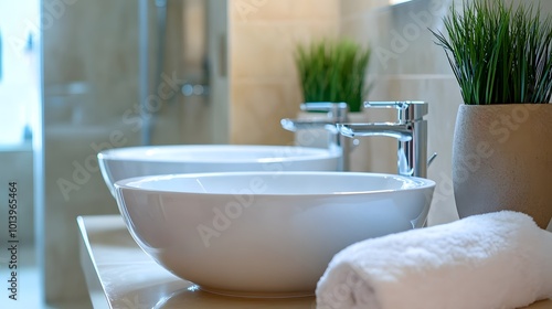 Luxury home bathroom interior with a double sink and bathing accessories, showcasing an elegant and sophisticated design