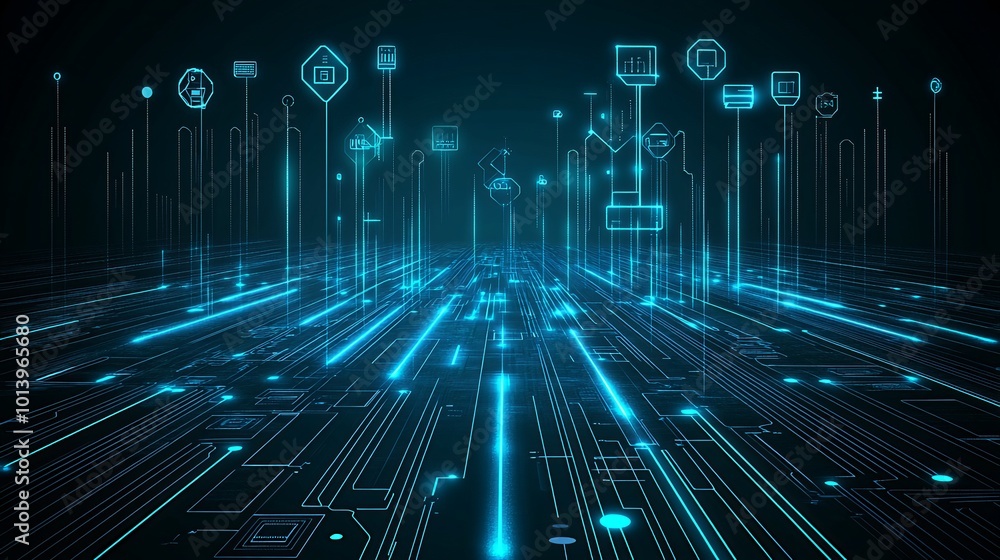 Abstract digital city with glowing lines and icons on dark background. Abstract digital city with glowing lines and icons on dark background.