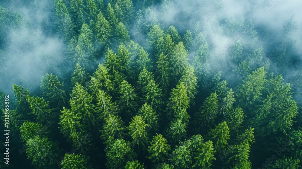 Aerial perspective of a coniferous forest beautifully enveloped in serene morning fog Aerial perspective of a coniferous forest beautifully enveloped in serene morning fog