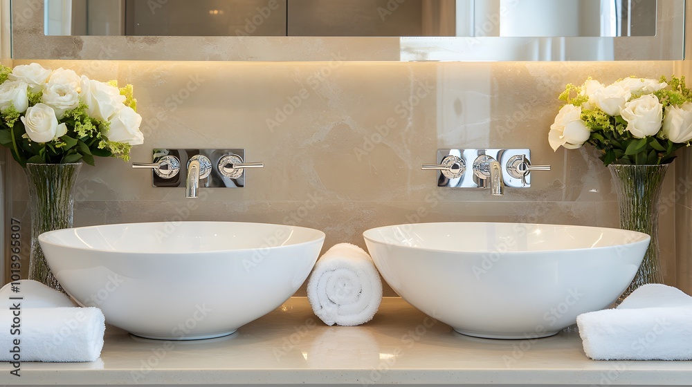 Luxury home bathroom interior with a double sink and bathing accessories, showcasing an elegant and sophisticated design Luxury home bathroom interior with a double sink and bathing accessories, showcasing an elegant and sophisticated design