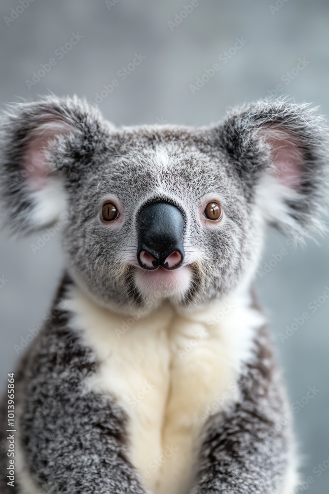 Fototapeta premium Adorable koala with bright eyes and soft fur, showcasing its unique facial features against a subtle background.